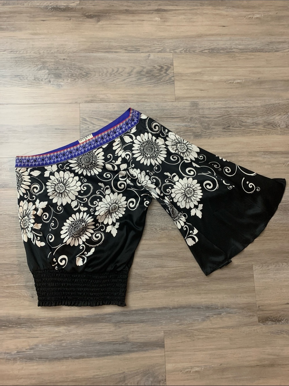 Ice Black and Purple Floral Trim One Shoulder Top